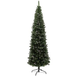 HOMCOM Schneeflocken-Weihnachtsbaum Slim Hoch 225 cm mit 980 Zweigen, Künstlicher Faltbarer Weihnachtsbaum mit Zapfen und Stahlsockel, Ø80x225 cm Aosom