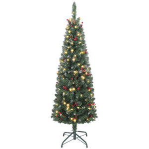 HOMCOM Slim Weihnachtsbaum 150 cm künstlich, eingebaute Lichter in 8 Modi, 311 dichte feuerhemmende Zweige, 30 Tannenzapfen und 30 Beerenbüschel, schlanker hoher Weihnachtsbaum mit Metallbasis Aosom