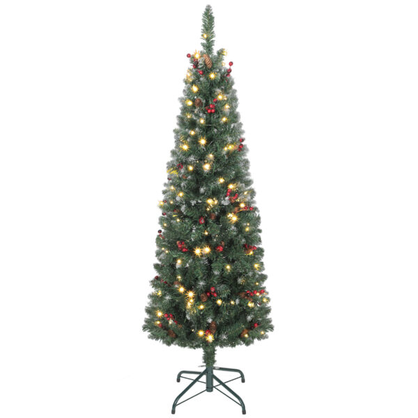 HOMCOM Slim Weihnachtsbaum 150 cm künstlich, eingebaute Lichter in 8 Modi, 311 dichte feuerhemmende Zweige, 30 Tannenzapfen und 30 Beerenbüschel, schlanker hoher Weihnachtsbaum mit Metallbasis Aosom