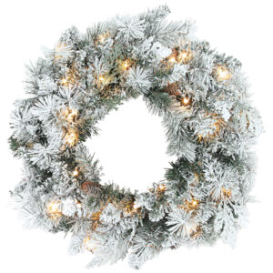 HOMCOM Tannenkranz Weihnachtskranz mit LED-Lichterkette, Tannenzapfen, Türkranz Künstlicher Tannenkranz für Tür- und Hausdekoration, Weihnachten, Grün+Weiß, Ø60 x 8 cm Aosom