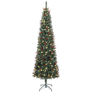 HOMCOM Weihnachtsbaum 230 cm Schlank, Künstlicher Weihnachtsbaum mit Warmweißen LED-Lichtern, 8 Beleuchtungsmodi, 761 Zweige mit Silbernem Glitter, Zapfen, Beeren und Metallständer, Grün Aosom