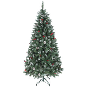 HOMCOM Weihnachtsbaum Hoch Schneebedeckt 180 cm mit 620 Spitzen, Künstlicher Weihnachtsbaum für den Innenbereich mit Roten Beeren und Dekorativen Zapfen, Faltbarer Metallständer, Einfach Aufzubauen, Grün Aosom