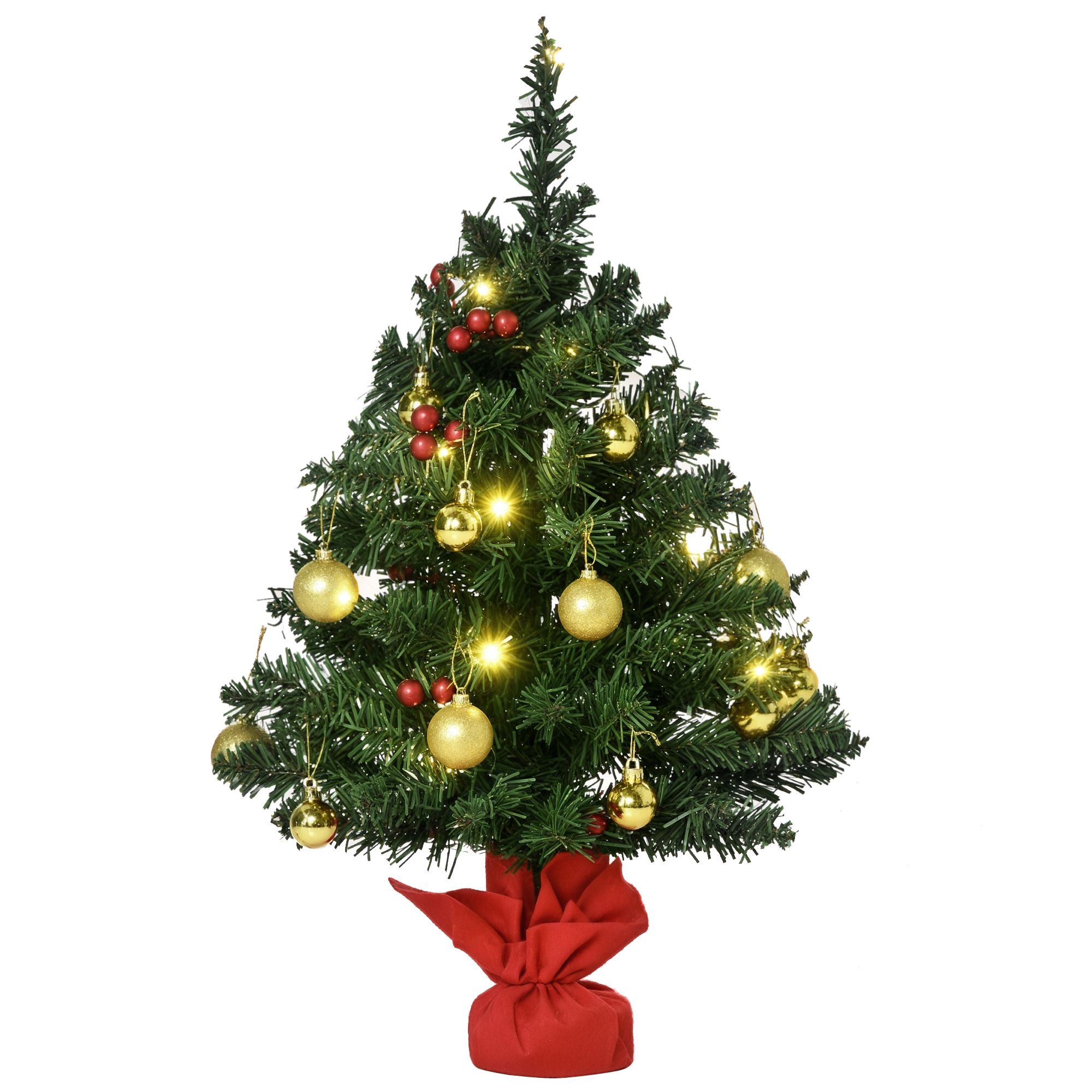 HOMCOM Weihnachtsbaum klein, Mini Christbaum mit Stechpalmenbeeren, Kugeln & LED-Lichtern, Tischdeko grün PVC ∅40 x 60 cm Aosom.de