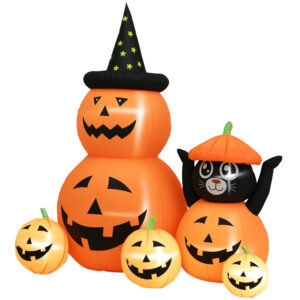 Outsunny Aufblasbarer Halloween-Kürbis mit Katze von 6 Fuß, Halloween-Dekoration mit LED-Lichtern, IP44 und Inflator, für Garten, Partys, im Freien, 160x100x180 cm, Orange Aosom