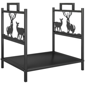 Outsunny Kaminholzregal für innen 42,5 x 33,5 x 43 cm Brennholzregal mit Rentierdesign, Kaminholzständer für Kamin Ofen Feuerholzregal Kaminholzhalter für Feuerholz, Brennholz aus Metall Schwarz Aosom