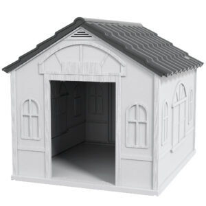 PawHut Hundehütte für mittelgroße und große Hunde mit geneigtem Dach und Eingangstür, wasserdichte Hundehütte aus PP, 84,2x98,2x82 cm, Grau Aosom