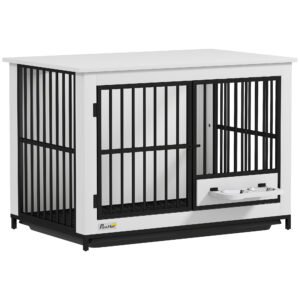 PawHut Hundekäfig Hundebox für Zuhause mit 2 Türen, Abschließbare Hundehütte Indoor mit drehbaren Näpfen, herausnehmbarer Schale für kleine/mittlere/große Hunde Weiß 95 x 60 x 68,5 cm Aosom