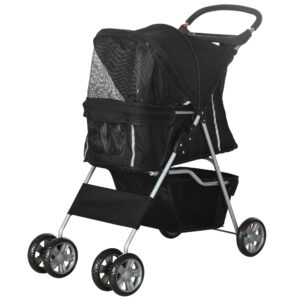 PawHut Hundewagen, klappbar Hundebuggy für kleine Hunde und Miniaturhunde, Katzenbuggy mit Aufbewahrungskorb, Becherhalter, Netzfenstern, Haustierwagen Oxford, Blau Aosom