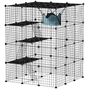 PawHut Katzenkäfig für Drinnen 4-stöckig Katzengehege mit dichtem Metalldraht Hängematte Rampe DIY-Katzenlaufstall mit Türen Sprungplattformen, Käfig für 1-3 Katzen 105 x 105 x 140cm Schwarz Aosom