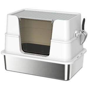 PawHut Katzenklo Edelstahl mit Deckel XL Katzentoilette mit Schaufel, Pedal, Leicht zu Reinigen, Geruchsresistent für große Katzen bis zu 15 kg, 60,2 x 40,2 x 44,5 cm Hellgrau Aosom
