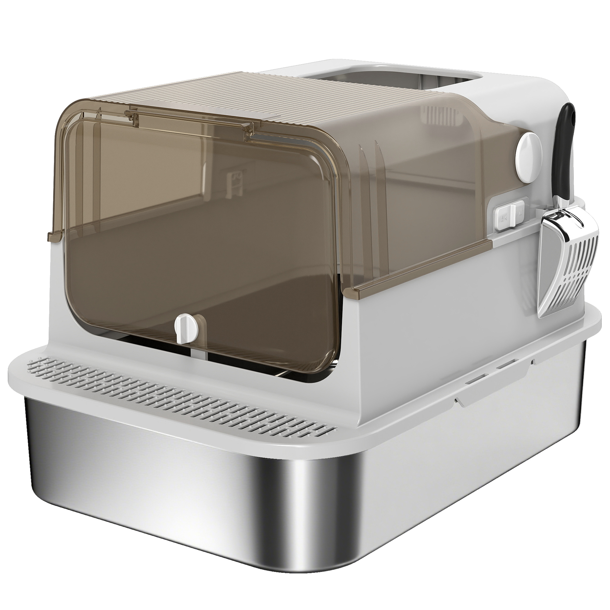 PawHut Katzenklo Edelstahl mit Deckel XXL Katzentoilette mit Doppeltüren, Schaufel, Pedal, ausziehbares Tablett, Leicht zu Reinigen, Geruchsresistent für große Katzen bis zu 20 kg, 70x50x46,5cm Grau Aosom