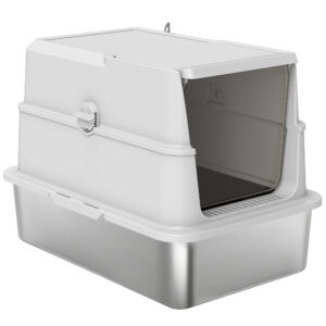 PawHut Katzenklo, XL Katzentoilette aus Edelstahl mit umklappbarem Deckel, Streuschaufel, Katzentoilette mit Deodorierungsbeutel, für Katzen bis 15 kg, Leicht zu Reinigen, Hellgrau Aosom