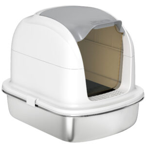 PawHut Katzentoilette aus Edelstahl XL, Katzentoilette für große Katzen, Toilette mit klappbarem Deckel, hohe Seiten, obere Eingang, Schaufel, geruchlos, leicht zu reinigen, auslaufsicher, Weiß Aosom