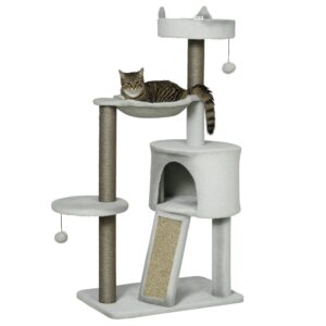 PawHut Kratzbaum mit Katzenbett und Katzenhöhle, Sisalsäule und Rampe, für kleine Katzen, hellgrau, 60 cm x 40 cm x 113 cm Aosom.de