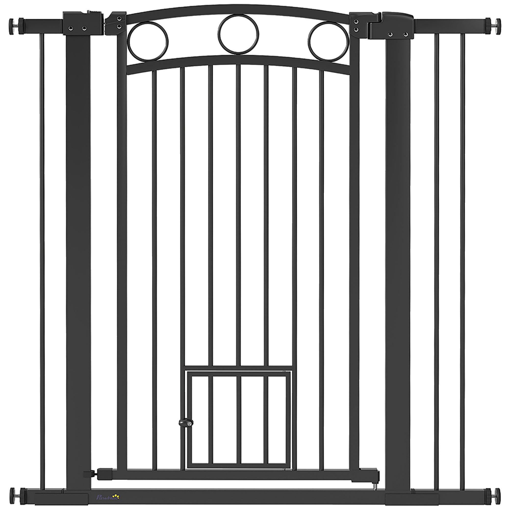 PawHut Türschutzgitter Hund, 76-104 cm Absperrgitter ohne Bohren, Treppengitter aus Stahl, Treppenschutzgitter mit Katzentür, Schutzgitter, Sicherheitsgitter für Treppen, Tür, Flur, Schwarz Aosom