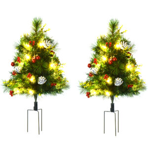 HOMCOM 2er Set Mini Weihnachtsbäume künstlich mit Tannenzapfen rote Beeren Kugeln und warmweißen LED Lichtern Ø33 x 75 cm für festliche Dekoration Aosom.de