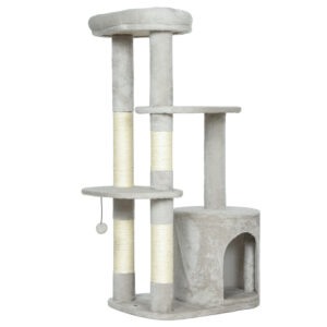 PawHut Kratzbaum 114 cm Katzenturm mit Höhle, Sisalstämme, Plattform, Spielball, mehrstöckiger Katzenkratzbaum, Kletterbaum, für mittelgroße Katzen unter 6 kg, Hellgrau Aosom