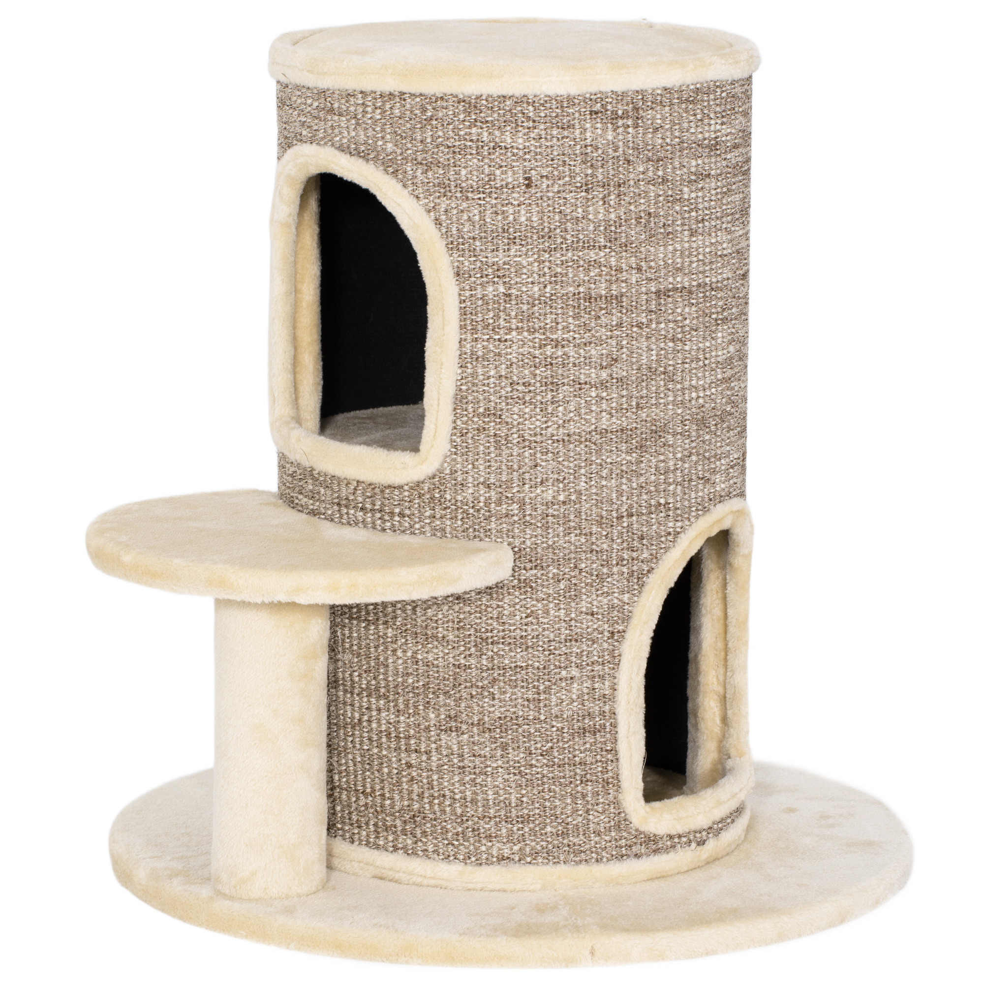 PawHut Kratztonne für Katzen, 61 cm Hoch Katzentonne mit 2 Höhlen, Kratzbaum mit Sprungplattform, Katzenturm aus Sisal, Plüsch, für kleine Katzen Beige Aosom