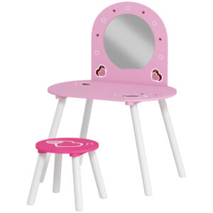 AIYAPLAY Kinderschminktisch mit Hocker und Spiegel, Schminktisch für Mädchen mit Herzmotiv, Schminktisch für Kinder 3-6 Jahre, Rosa Aosom