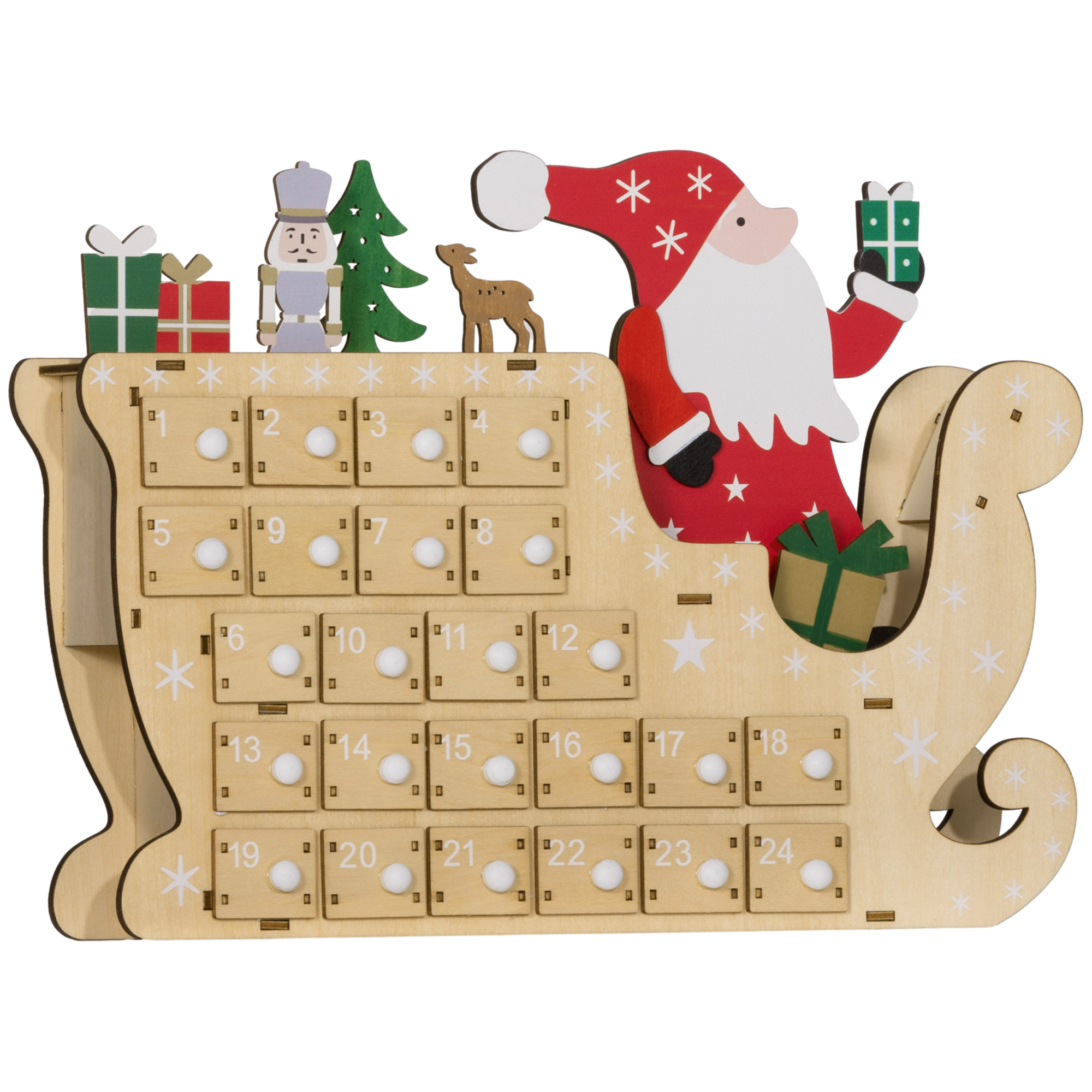 HOMCOM Adventskalender aus Holz mit 24 Schubladen, wiederverwendbarer befüllbarer Adventskalender, dekoriert mit dem Weihnachtsmann in seinem Schlitten, Weihnachtsdekoration, 22,5x8x36 cm, Natur Aosom