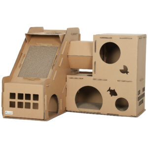 PawHut Kartonhaus für Katzen, Schloss-Design, 2-stufiger Kratzbaum mit 3 Kratzzonen, Tunnel, Rampe, inkl. Katzengras, für Innen, Braun Aosom