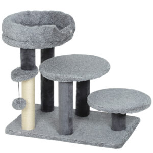 PawHut Katzentreppe 3-stufige Haustiertreppe mit Bett Ball Hundetreppe Tiertreppe für Katzen bis 5 kg Plüsch Grau 60 x 40 x 56 cm Aosom