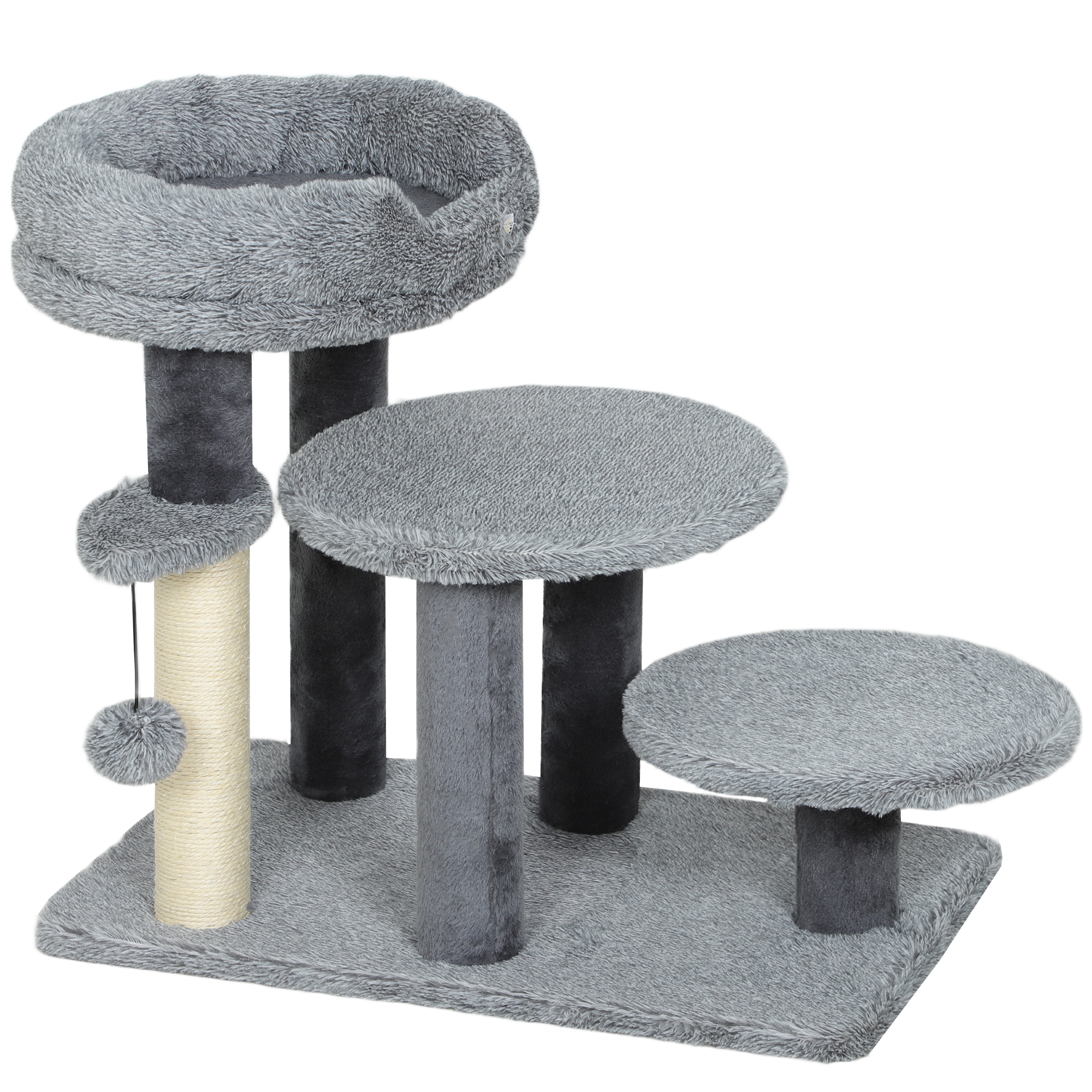 PawHut Katzentreppe 3-stufige Haustiertreppe mit Bett Ball Hundetreppe Tiertreppe für Katzen bis 5 kg Plüsch Grau 60 x 40 x 56 cm Aosom