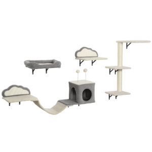 PawHut Kletterwand Katzen 4-teilig Katzen Kletterwand Set mit Kratzbrett, Bett, Kratzbaum mit Höhle, weicher Leiter, Katzenmöbel bis zu 5 kg, Beige Aosom