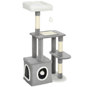 PawHut Kratzbaum 107 cm Katzenturm mit Höhle, 2 Plüschballen, Sisalstämme, große Plattform, mehrstöckiger Katzenkratzbaum, Kletterbaum, für Katzen unter 5 kg, Grau Aosom
