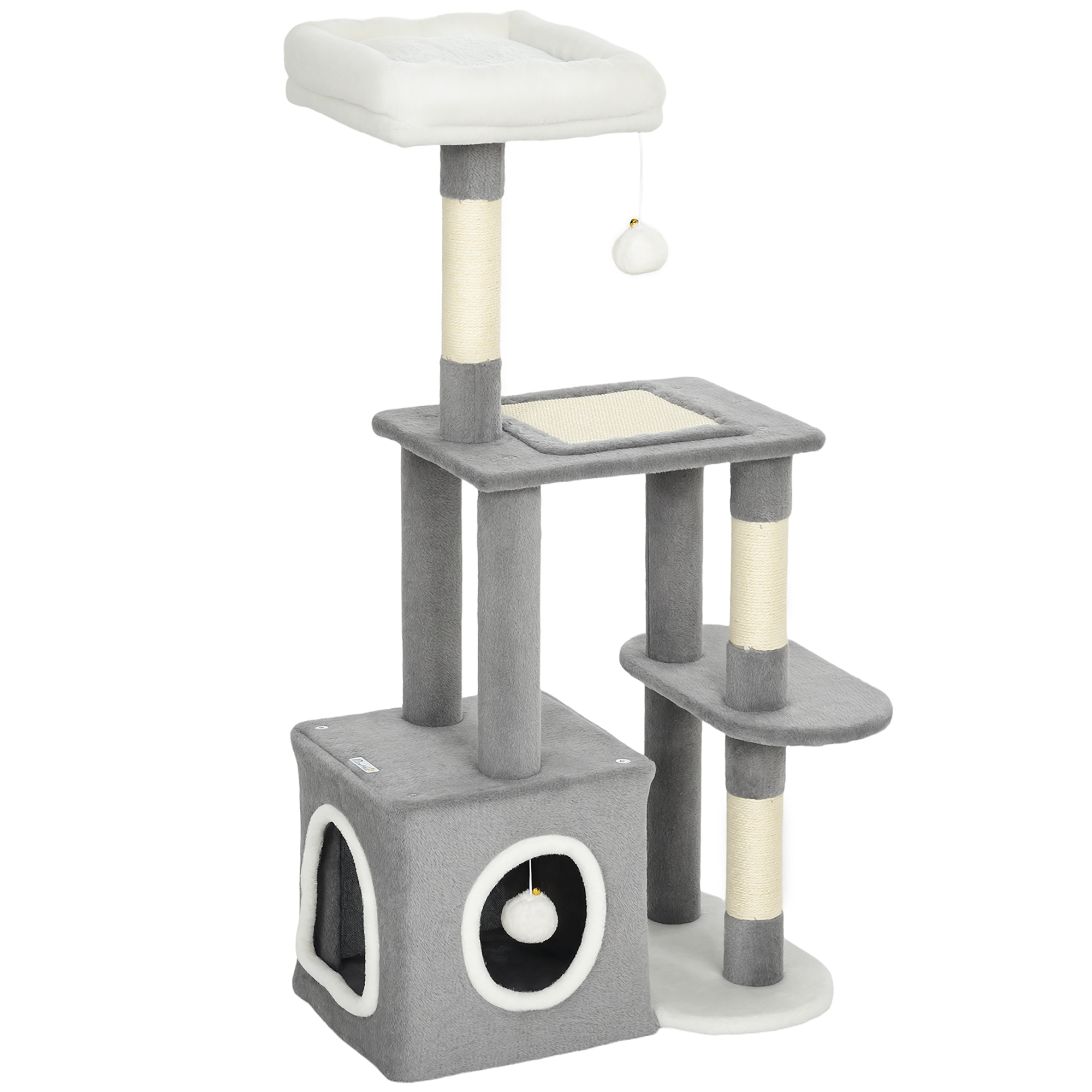 PawHut Kratzbaum 107 cm Katzenturm mit Höhle, 2 Plüschballen, Sisalstämme, große Plattform, mehrstöckiger Katzenkratzbaum, Kletterbaum, für Katzen unter 5 kg, Grau Aosom