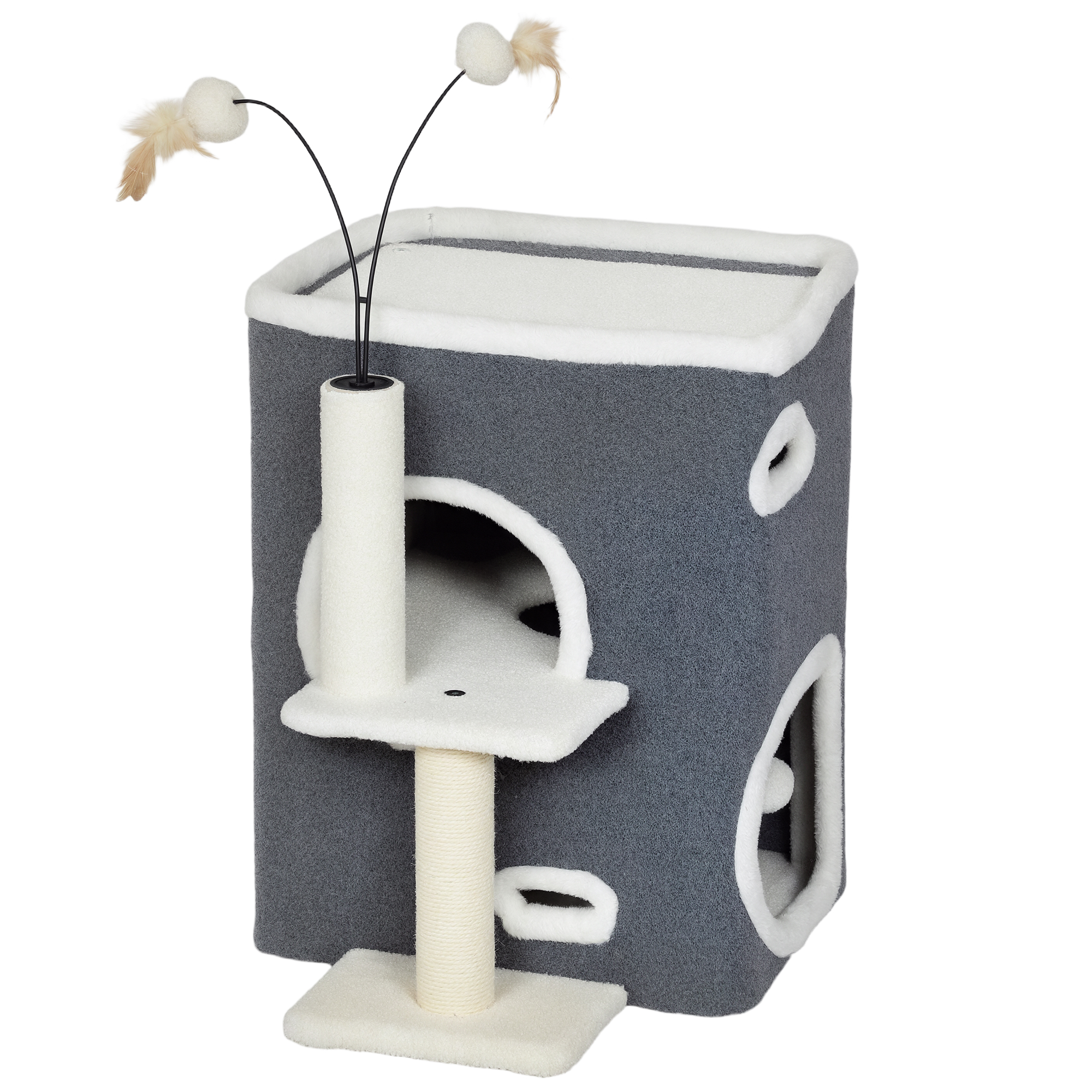 PawHut Kratzbaum 58 cm Kleiner Katzenturm mit Höhle, 3 Plüschballen, Sisalstämme, Plattform, Katzenkratzbaum, Kletterbaum, für mittelgroße Katzen, Grau Aosom