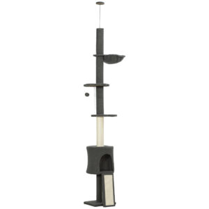 PawHut Kratzbaum Deckenhoch 200-240 cm höhenverstellbar Katzenbaum mit Hängematte, Höhle, Kratzstamm, Rampe, Sitzstangen, Katzenkratzbaum für Katzen unter 5 kg, Dunkelgrau Aosom