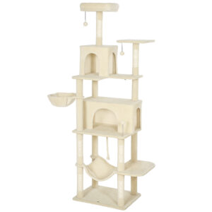 PawHut Kratzbaum für Katzen, 202 cm Katzenbaum, Kletterturm mit Plattformen, Bett, Höhlen, Sisal-Pfosten, Bällen und Seil zum Spielen, Beige Aosom