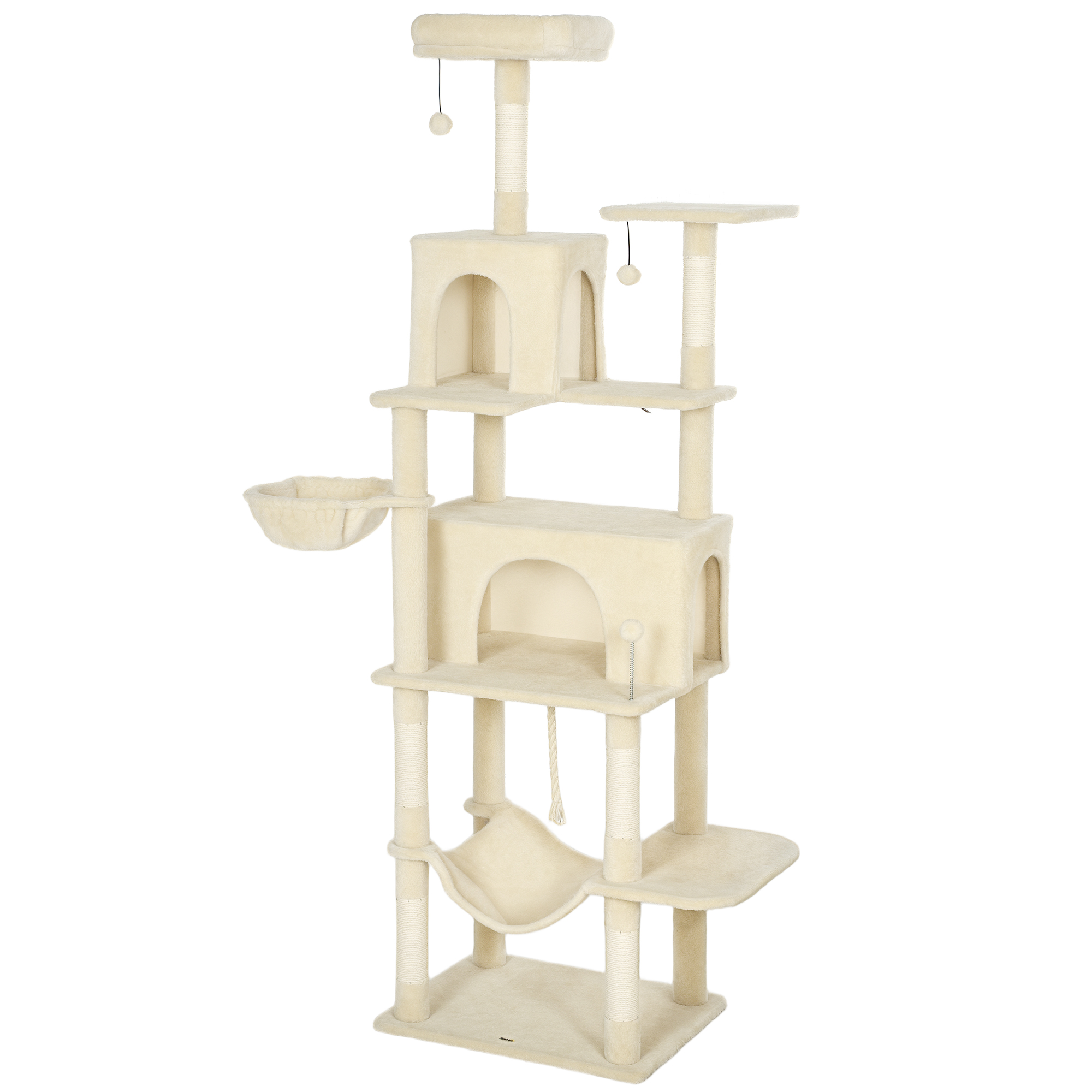 PawHut Kratzbaum für Katzen, 202 cm Katzenbaum, Kletterturm mit Plattformen, Bett, Höhlen, Sisal-Pfosten, Bällen und Seil zum Spielen, Beige Aosom