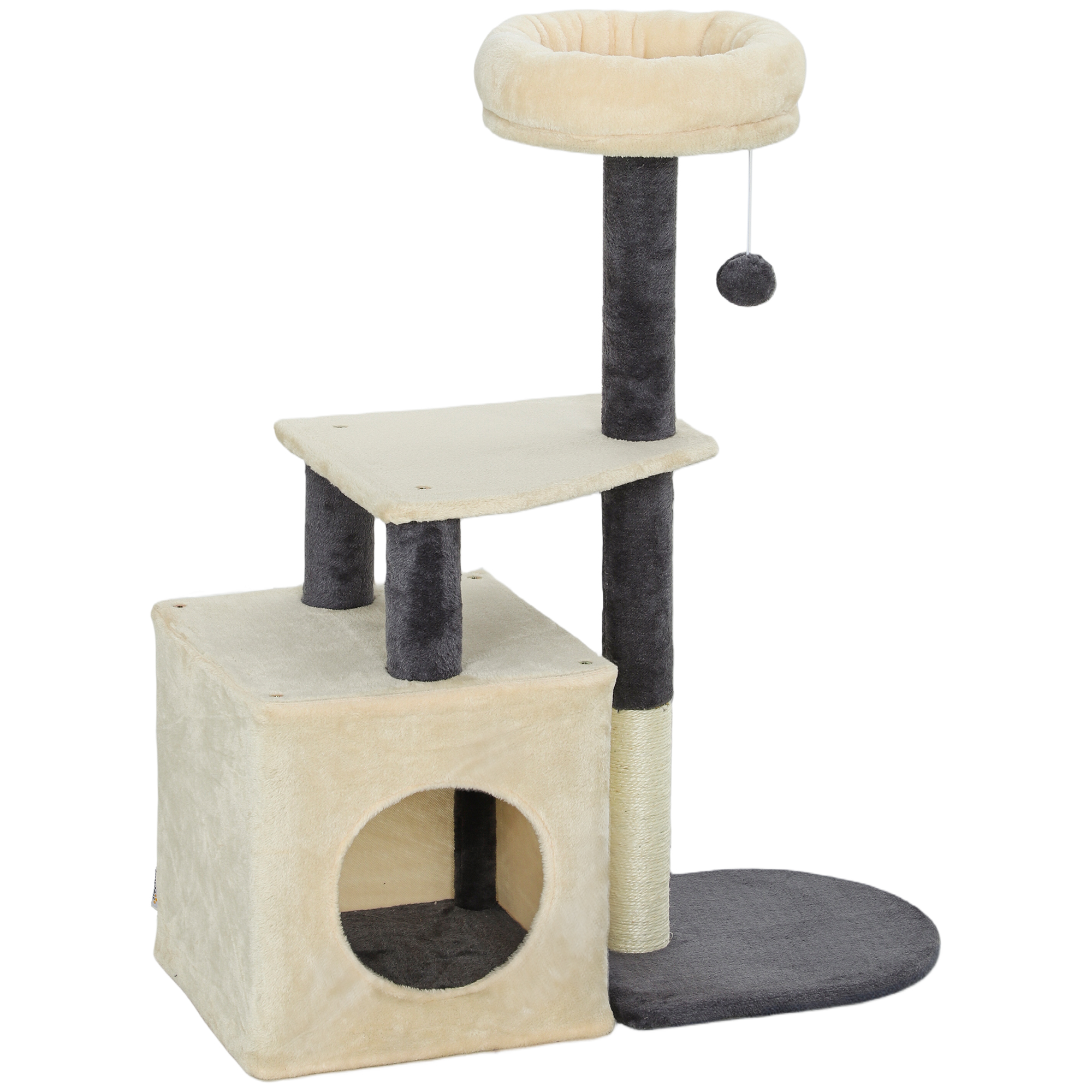 PawHut Kratzbaum für Katzen 92 cm hoch, Katzenturm mit Häuschen, oberes Körbchen, Sisalstangen und Ball, für ausgewachsene Katzen und Kätzchen, Cremeweiß Aosom