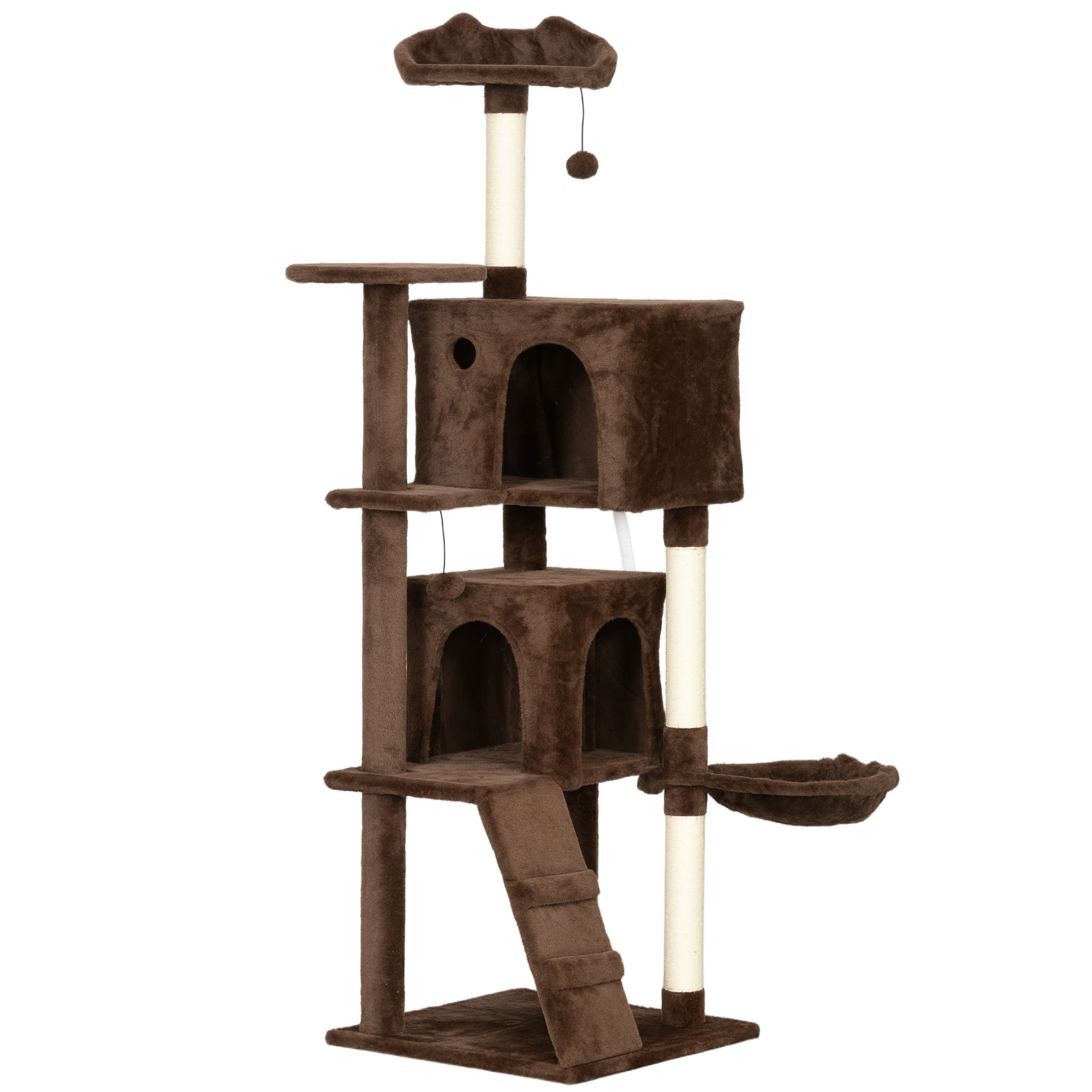 PawHut Kratzbaum für Katzen, Kratzbaum 160 cm, Kletterturm mit mehreren Plattformen, Bett, 2 Höhlen, Hängematte, Leiter, Sisalstämme, Spielbälle, Braun Aosom
