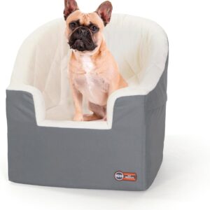 K&H Haustierprodukt Eimer Booster Hundeautositz mit Hundesicherheitsgurt für Auto, waschbarer Kleiner Hundeautositz, stabile Hundeerhöhung für kleine Hunde, 2 Sicherheitsleinen, klein/grau/Creme