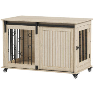 PawHut Hundekäfig 100 cm Hundebox für Zuhause mit Rollen, Schiebetür, Seitentür Abschließbare Hundehütte für Mittelgroße, Große Hunde, Eiche Aosom