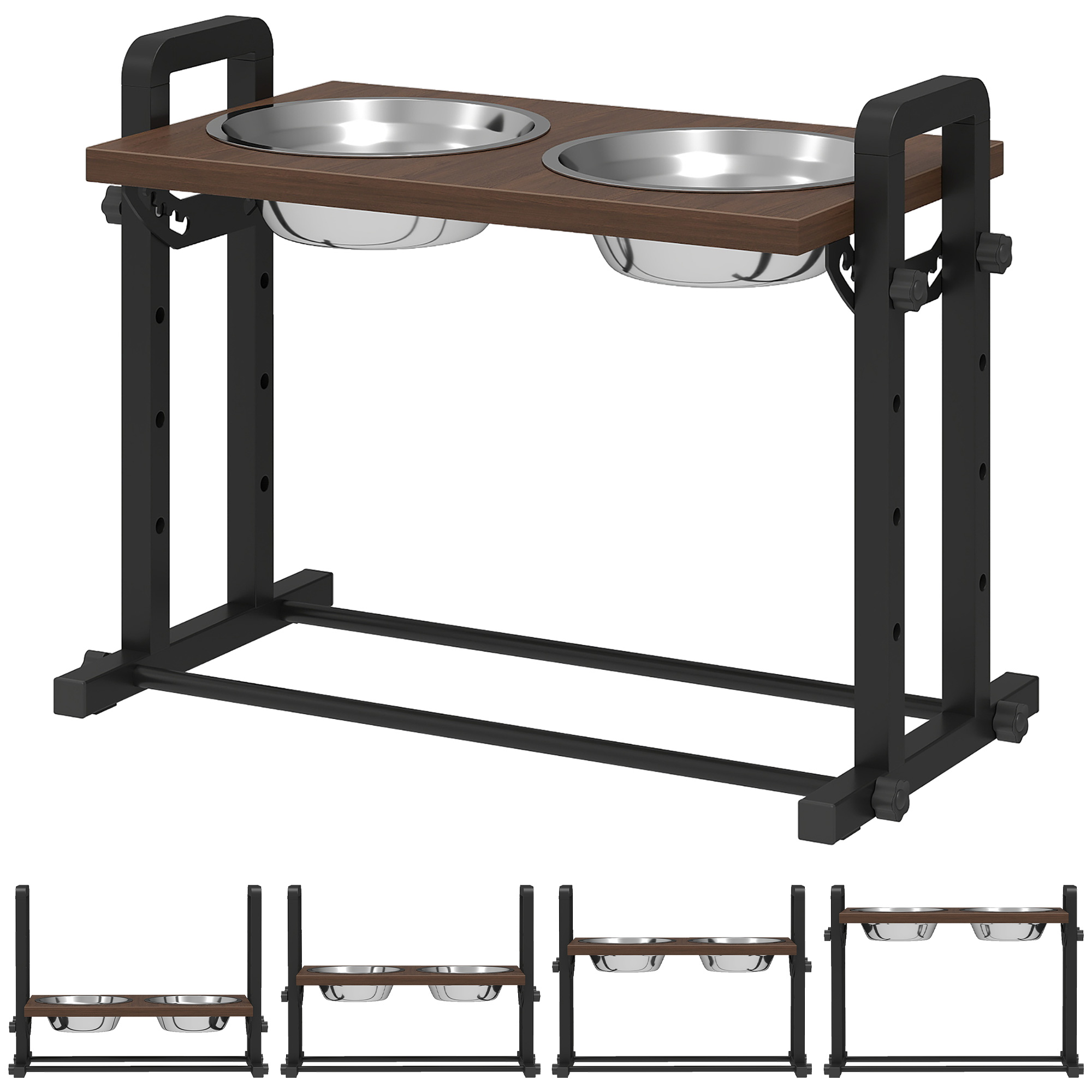PawHut Hundenapf erhöht 4 höhenverstellbare Futternapf mit Ständer, 2 x 1,2 L Edelstahlnäpfen, Futterstation mit 3 einstellbaren Winkeln, für kleine, mittlere, große Hunde, Braun Aosom