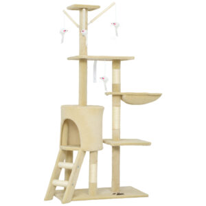 PawHut Kratzbaum 134 cm hoch Katzenbaum mit Höhle, 4 Spielzeuge, Sisalstämme, große Plattform, Treppe, mehrstöckiger Katzenkratzbaum, Kletterbaum, Plüsch, für Katzen unter 5 kg, Beige Aosom