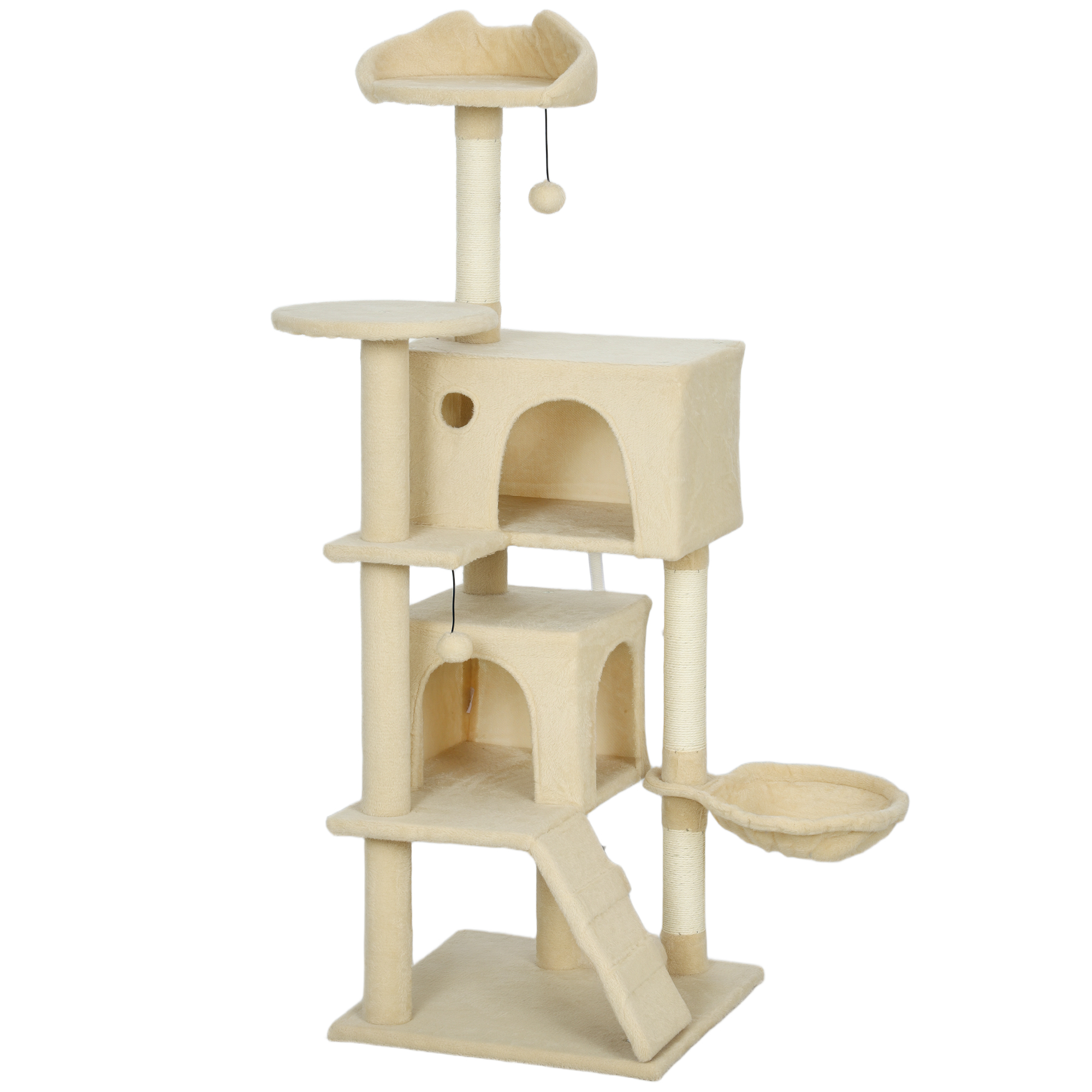 PawHut Kratzbaum 140 cm Katzenturm mit Hängematte, Leiter, Höhle, 2 Plüschballen, Sisalstämme, große Plattform, mehrstöckiger Katzenkratzbaum, Kletterbaum, für Katzen unter 5 kg, Beige Aosom
