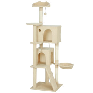 PawHut Kratzbaum 160 cm Katzenturm mit Hängematte, Leiter, Höhle, 2 Plüschballen, Sisalstämme, große Plattform, mehrstöckiger Katzenkratzbaum, Kletterbaum, für Katzen unter 5 kg, Beige Aosom