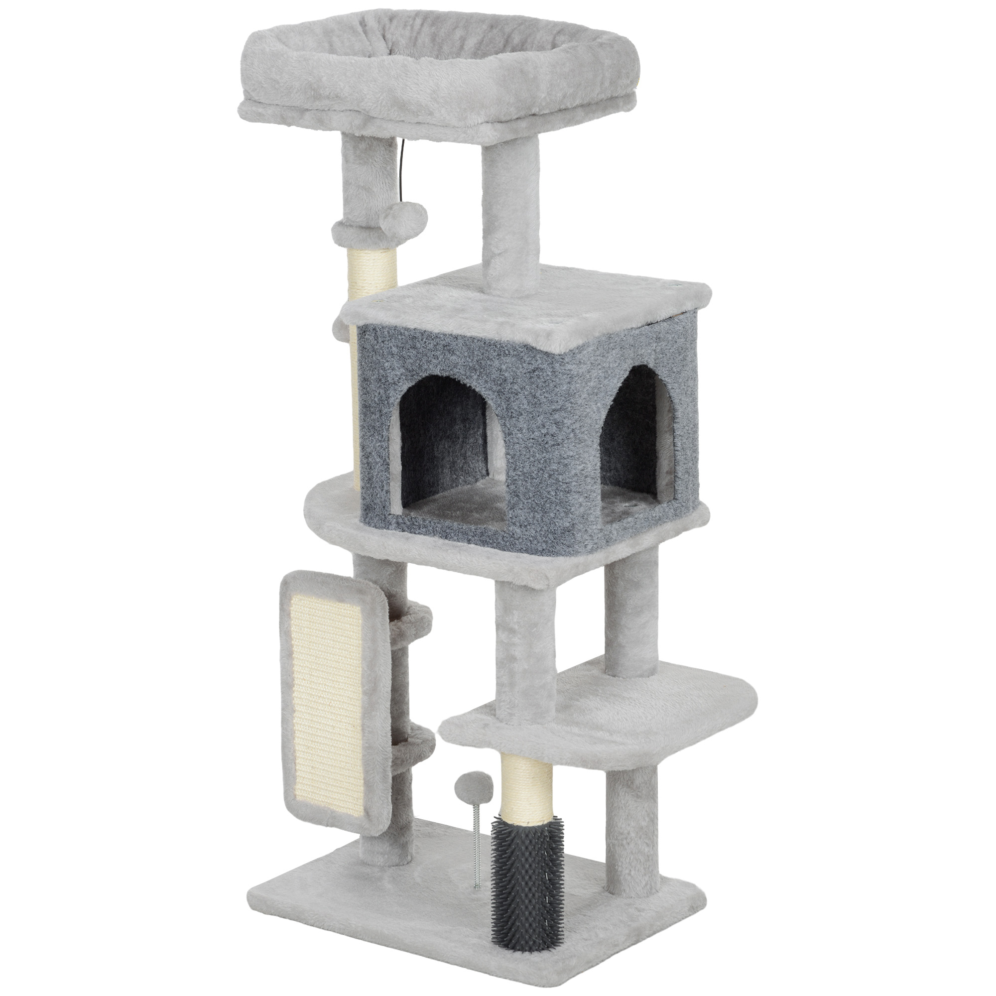 PawHut Kratzbaum für Katzen, 104 cm hoch, mit Kratzteppich, Plüschbett, Katzenhaus, Plattformen, Bürste, Spielbälle, Hellgrau Aosom