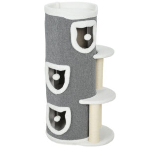 PawHut Kratztonne, 101 cm hoch Katzentonne mit Höhle, Spielball, Plüschrand, mehrstöckig Kratzbaum mit Sisal-Kratzbäumen, oberem Bett, Plattformen, Katzenhöhle Katzenhaus für Katze bis 6 kg, Grau Aosom