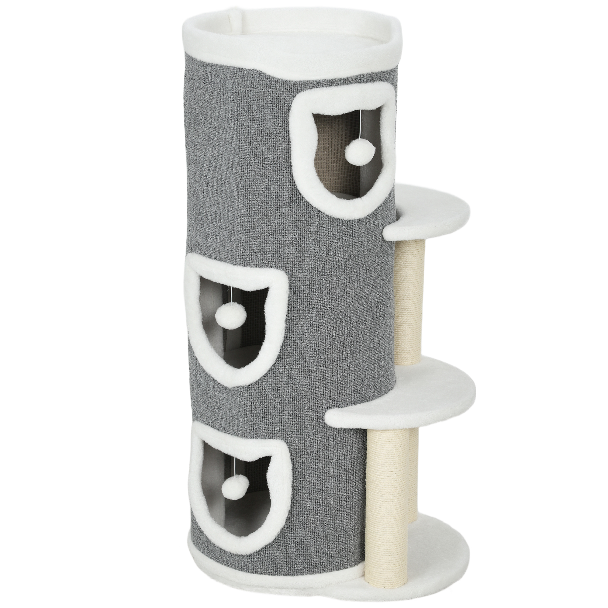PawHut Kratztonne, 101 cm hoch Katzentonne mit Höhle, Spielball, Plüschrand, mehrstöckig Kratzbaum mit Sisal-Kratzbäumen, oberem Bett, Plattformen, Katzenhöhle Katzenhaus für Katze bis 6 kg, Grau Aosom