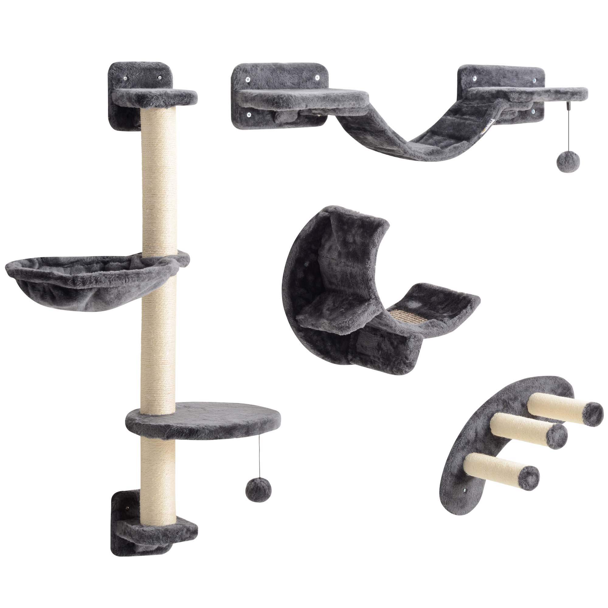 PwaHut Kletterwand Katzen 4-teilig Katzen Kletterwand Set mit Hängematte, Katzenbrücke, Kratzbaum mit Hängeball, Plüsch-Wandkratzbaum, Katzenmöbel bis zu 5 kg, Dunkelgrau Aosom