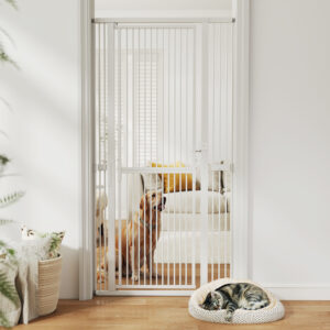 PawHut Extra hohes Sicherheitsgitter für Hunde und Katzen 180 cm, verstellbar 76-104 cm, Stababstand 3,5 cm, für Türen und Treppen, Druckmontage, 2 Verlängerungen, Weiß Aosom