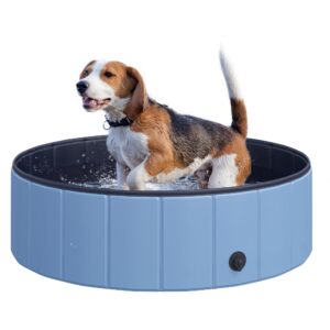 PawHut Hundepool Planschbecken für Hunde aus PVC und Holz Blau Ø100xH30 cm ideal für heiße Tage im Garten Aosom.de