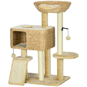 PawHut Katzen Kratzbaum 98 cm Katzenbaum mit 2 Leigefläche, Katzenkratzbaum Spielball für Katzen bis 6 kg, Katzenmöbel, Sisal, Beige Aosom