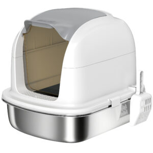 PawHut Katzenklo Edelstahl mit Deckel, Katzentoilette mit Wanne, inklusive Streuschaufel, für Katzen unter 5 kg, Weiß Aosom